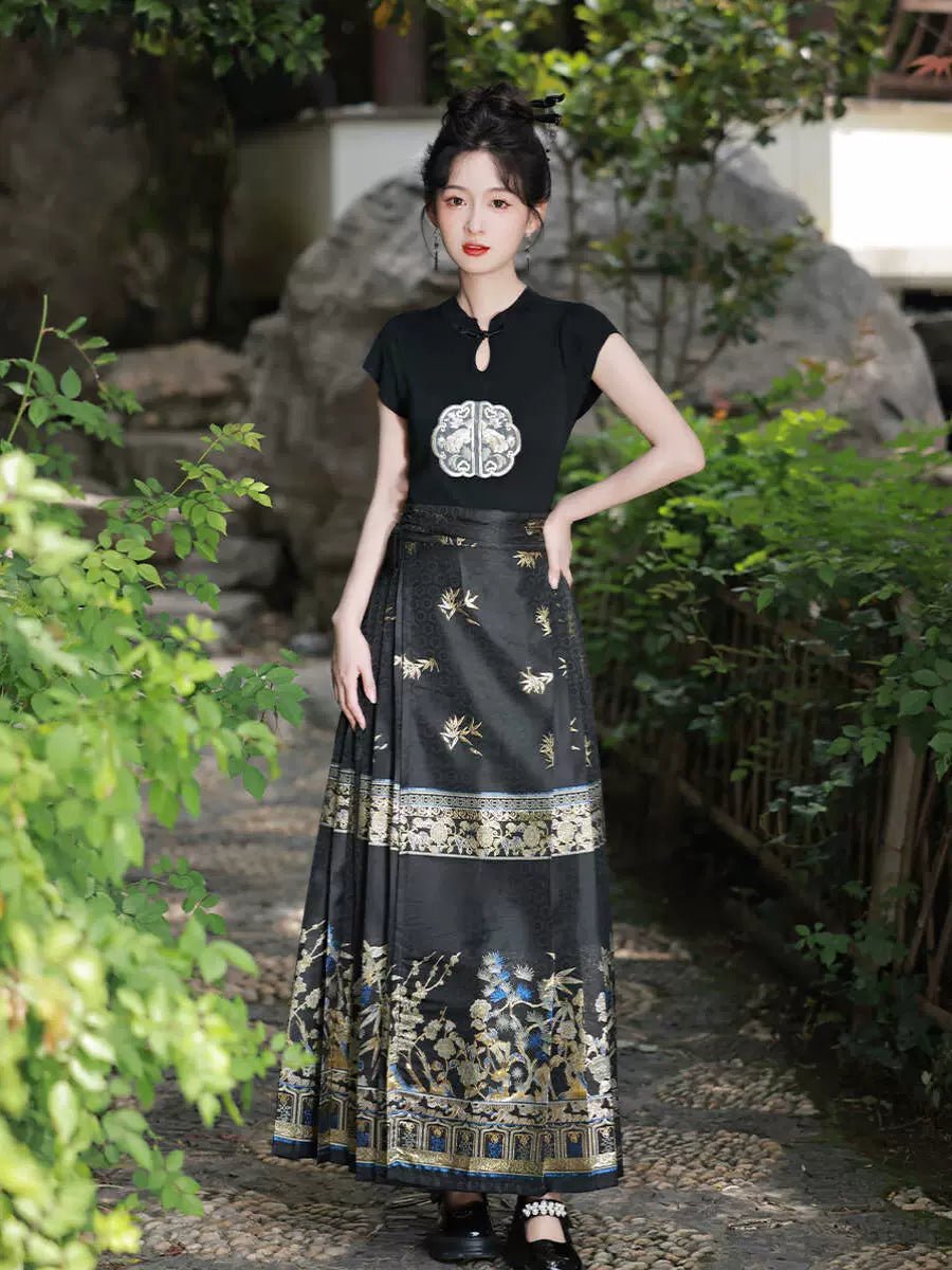 【Hanfu】Black silk gold leaves|Modern horse - faced skirthan fu Chinese han fu hanfu male tang dynasty clothes chinese hanfu tang dynasty outfits traditiona hanfu dress chinese hanfu chinese style dress dress fashion cheongsam dress q